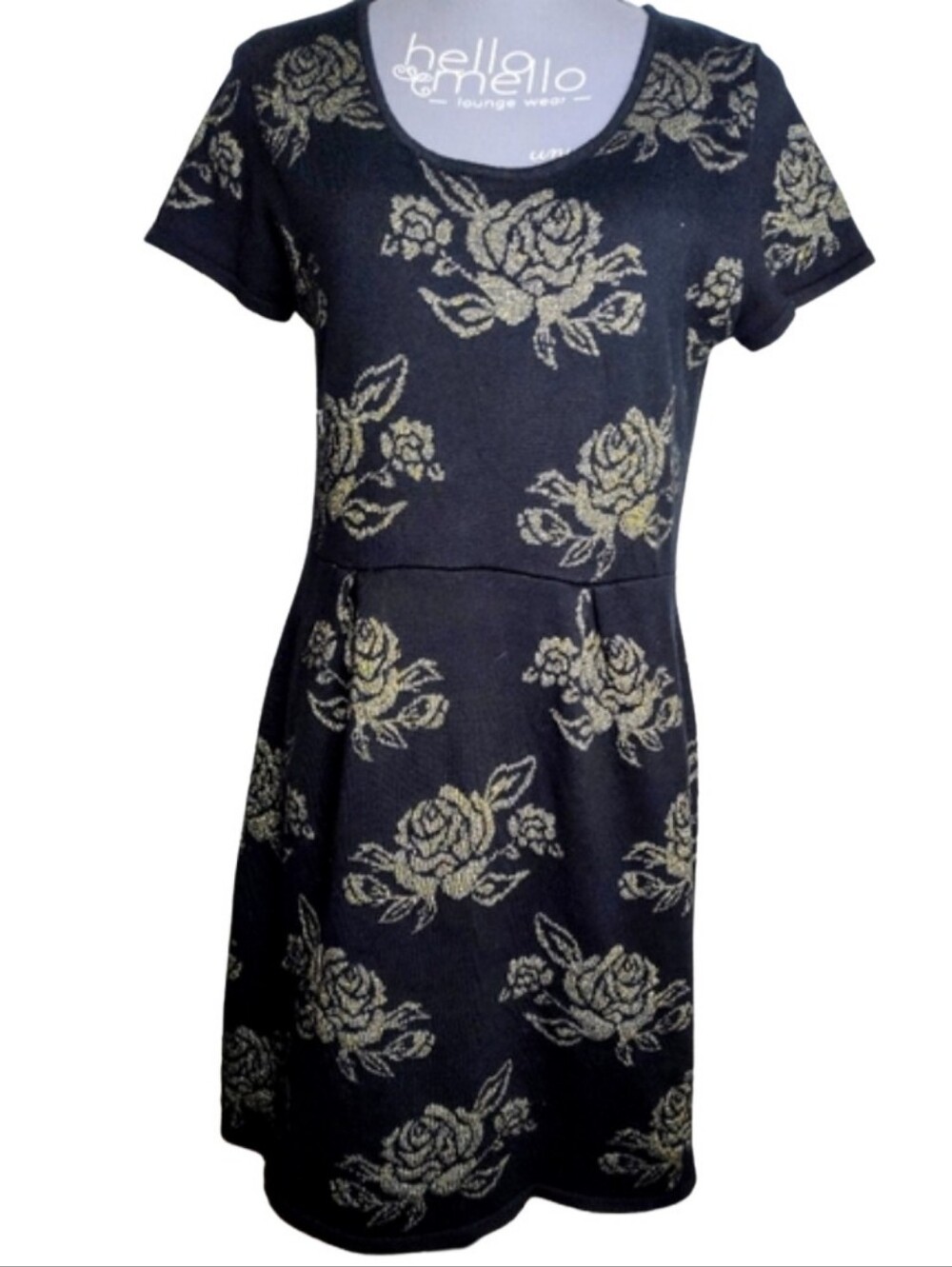 T/O Metallic Gold Floral Rose Sweater Dress Black Short Sleeve Large